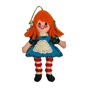 Vintage Raggedy Ann Rag Doll Felt Push Pin Sequin Christmas Ornament